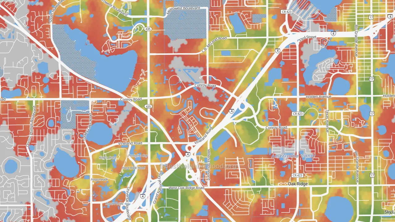 Walk Grade map of Florida Center North, Orlando, FL, walkable areas in green and car-dependent areas in red
