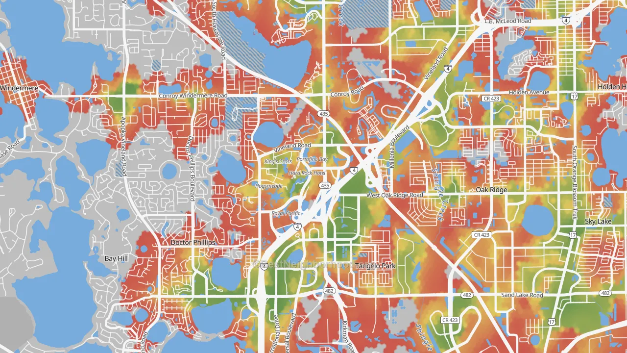Walk Grade map of Florida Center, Orlando, FL, walkable areas in green and car-dependent areas in red
