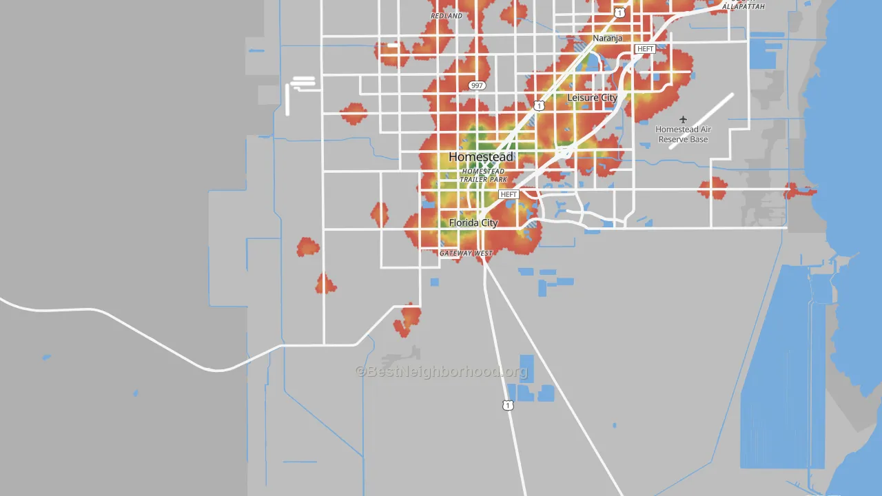 Walk Grade map of Florida City, FL, walkable areas in green and car-dependent areas in red