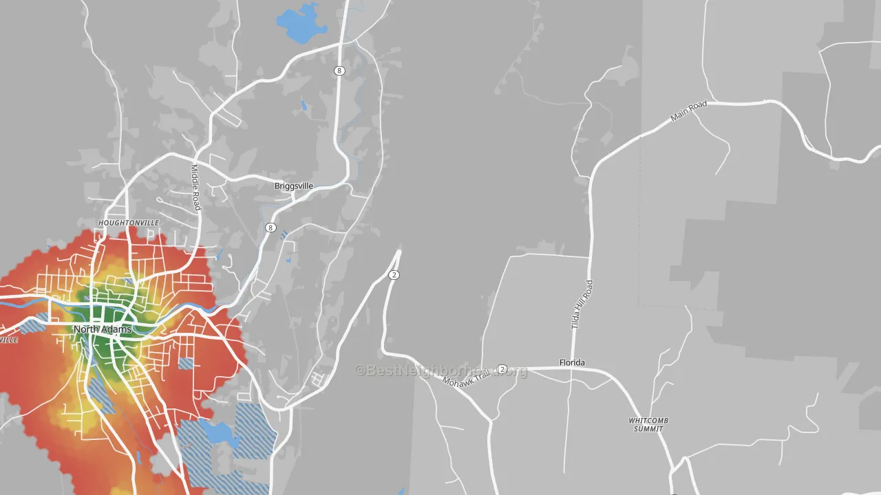 Walk Grade map of Florida, MA, walkable areas in green and car-dependent areas in red