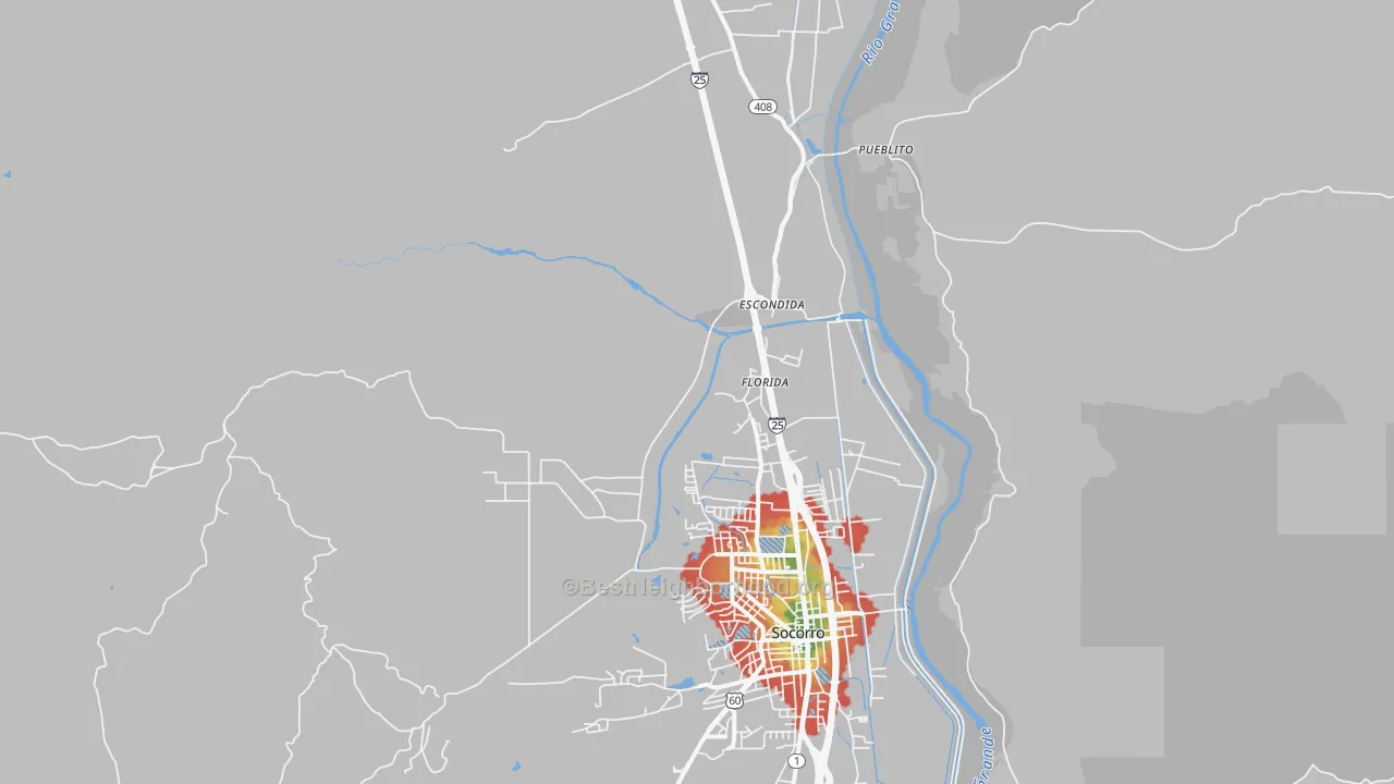 Walk Grade map of Florida, NM, walkable areas in green and car-dependent areas in red