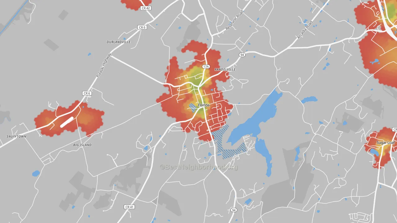 Walk Grade map of Florida, NY, walkable areas in green and car-dependent areas in red