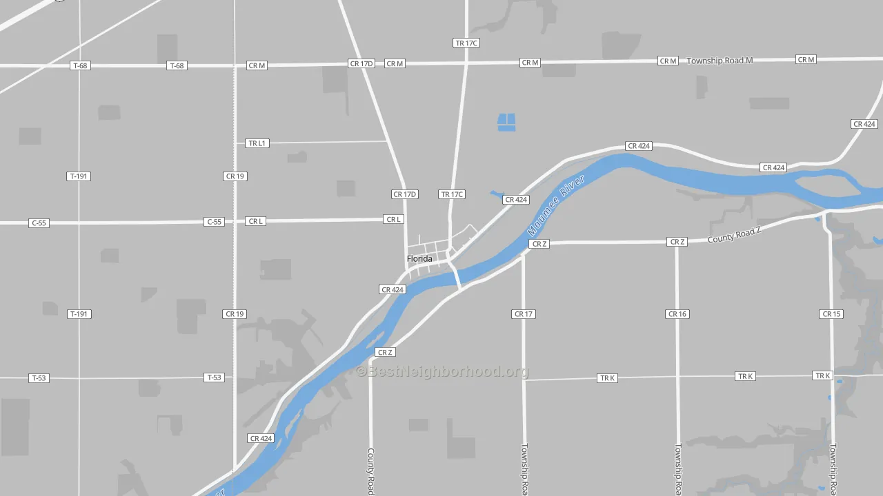 Walk Grade map of Florida, OH, walkable areas in green and car-dependent areas in red