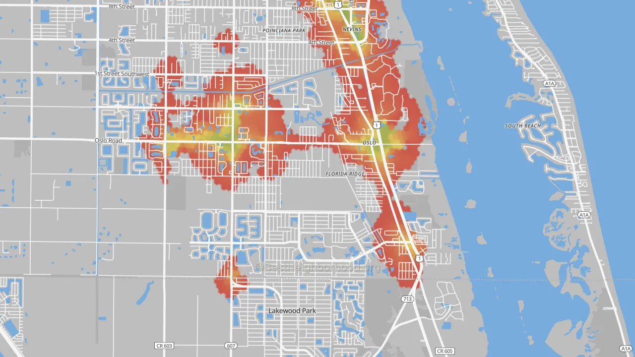 Walk Grade map of Florida Ridge, FL, walkable areas in green and car-dependent areas in red