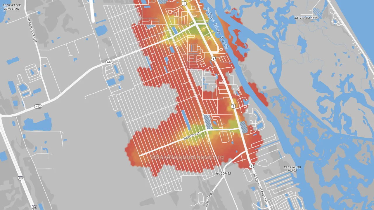 Walk Grade map of Florida Shores, Edgewater, FL, walkable areas in green and car-dependent areas in red
