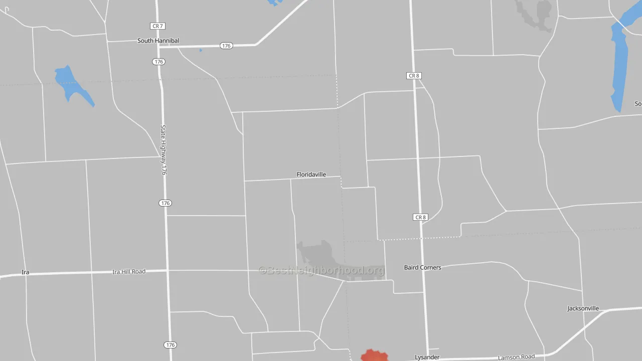 Walk Grade map of Floridaville, NY, walkable areas in green and car-dependent areas in red