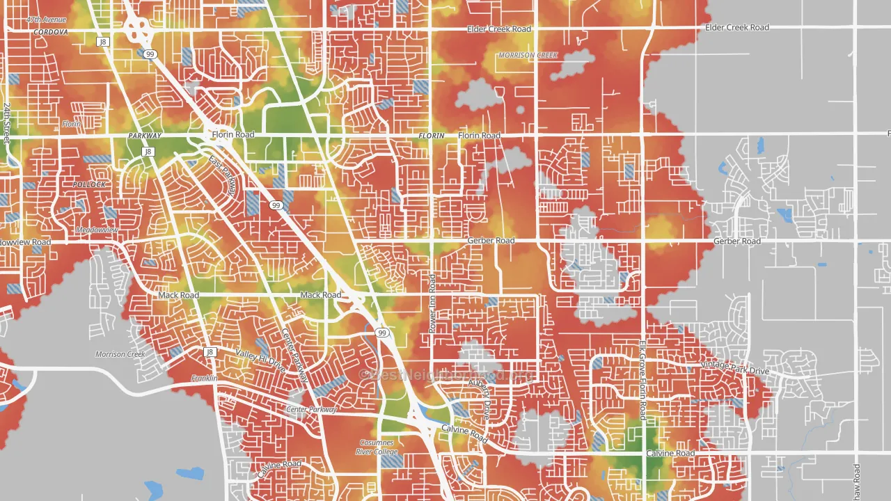 Walk Grade map of Florin, CA, walkable areas in green and car-dependent areas in red