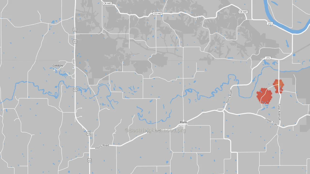 Walk Grade map of Floris, IA, walkable areas in green and car-dependent areas in red