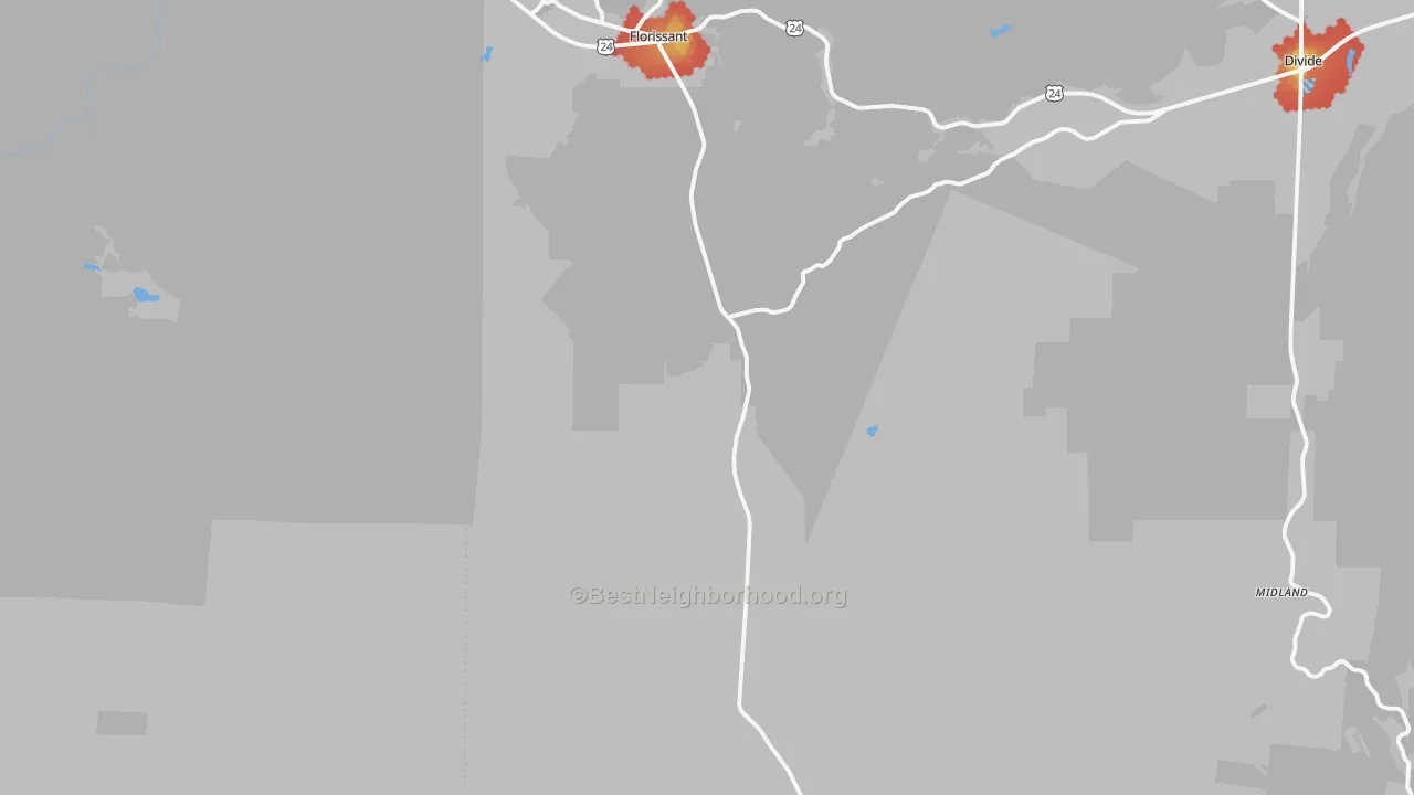 Walk Grade map of Florissant, CO, walkable areas in green and car-dependent areas in red