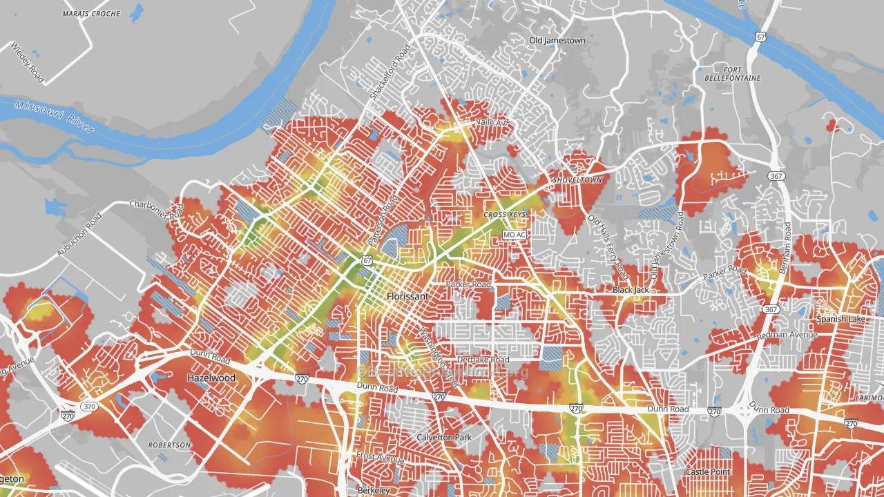 Walk Grade map of Florissant, MO, walkable areas in green and car-dependent areas in red
