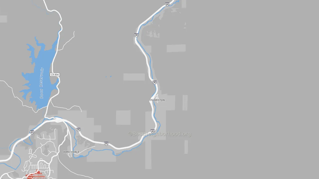 Walk Grade map of Floriston, CA, walkable areas in green and car-dependent areas in red