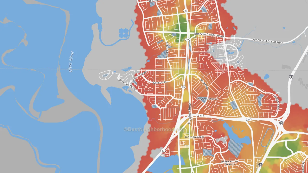 Walk Grade map of Flosden, Vallejo, CA, walkable areas in green and car-dependent areas in red