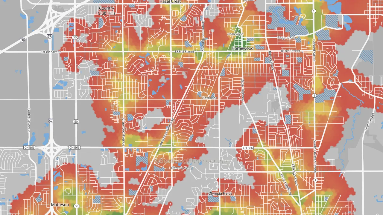 Walk Grade map of Flossmoor, IL, walkable areas in green and car-dependent areas in red