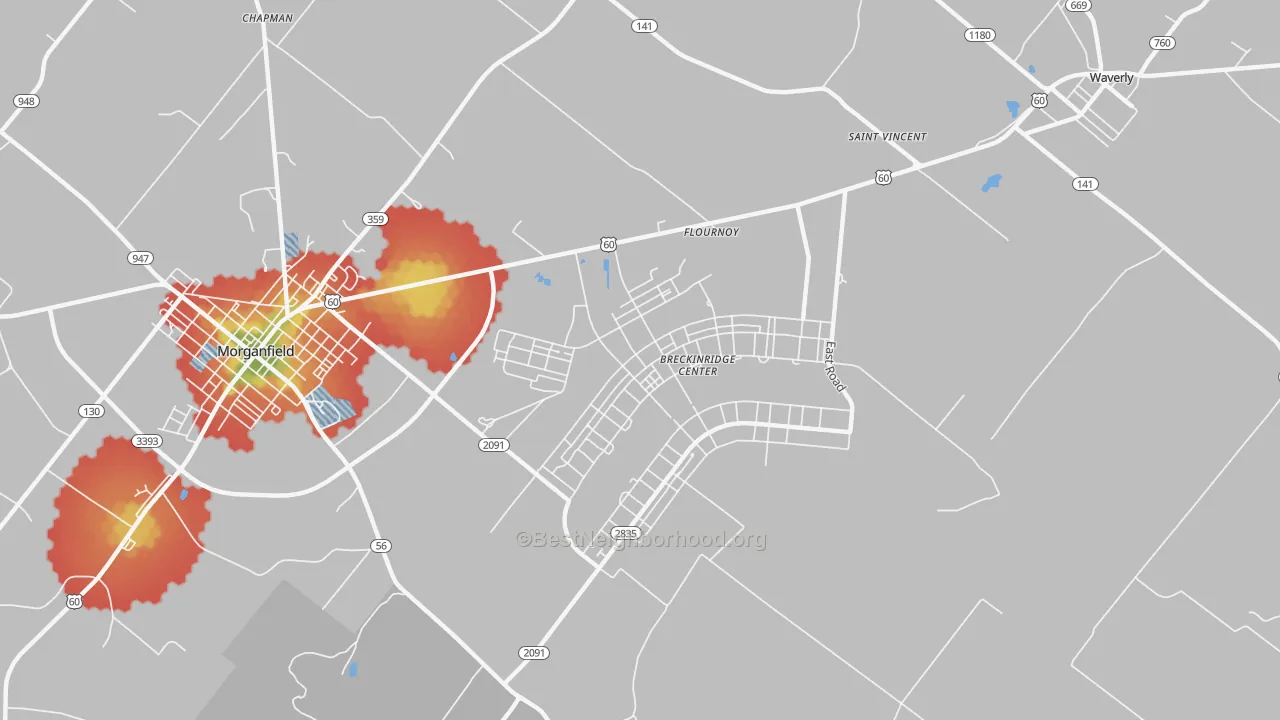 Walk Grade map of Flournoy, KY, walkable areas in green and car-dependent areas in red