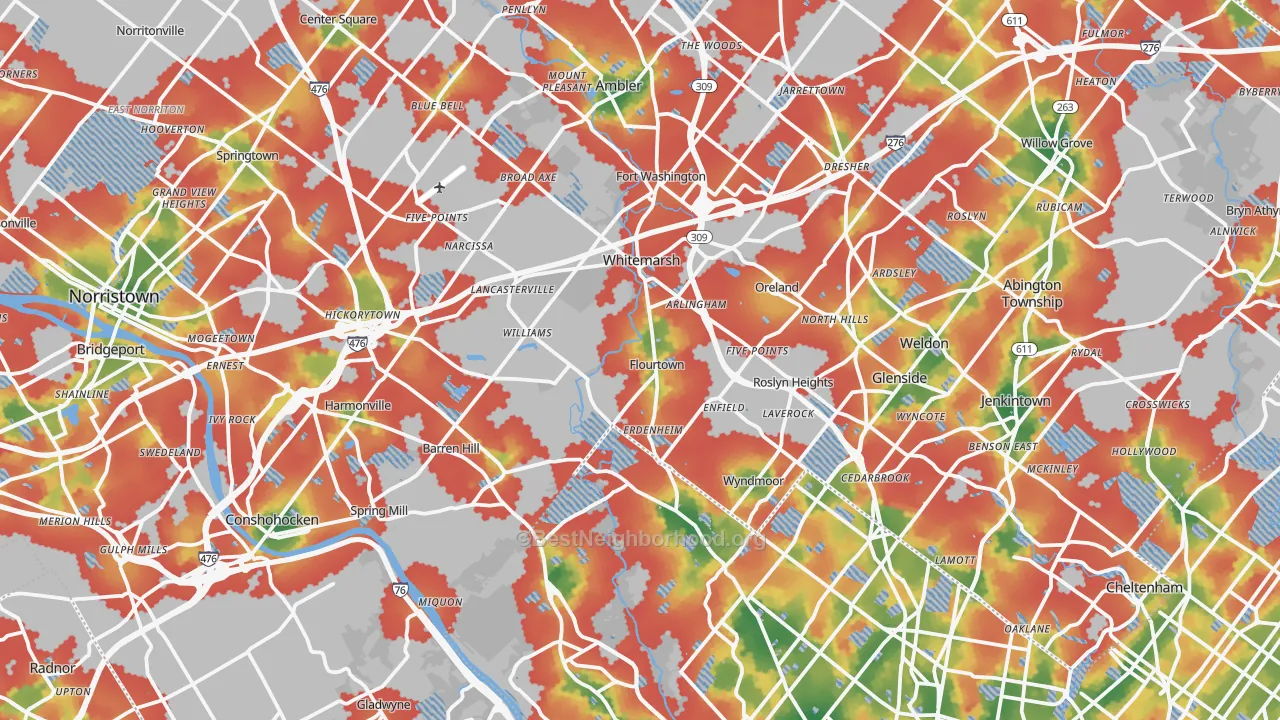 Walk Grade map of Flourtown, PA, walkable areas in green and car-dependent areas in red