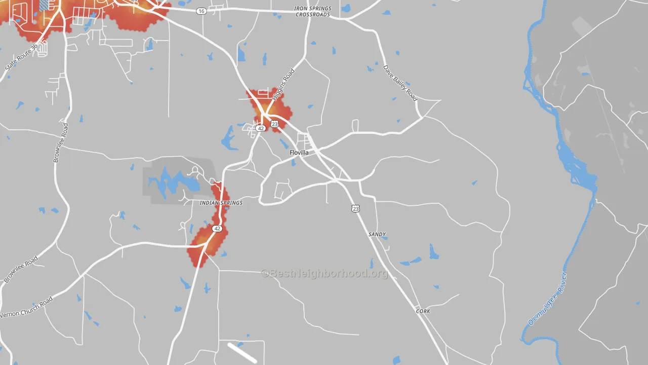 Walk Grade map of Flovilla, GA, walkable areas in green and car-dependent areas in red