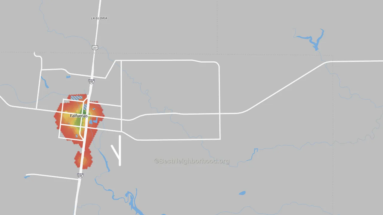 Walk Grade map of Flowella, TX, walkable areas in green and car-dependent areas in red