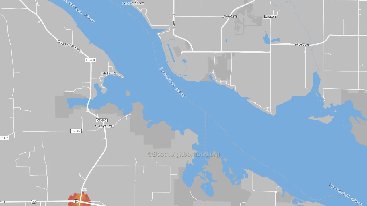 Walk Grade map of Flower Hill, AL, walkable areas in green and car-dependent areas in red