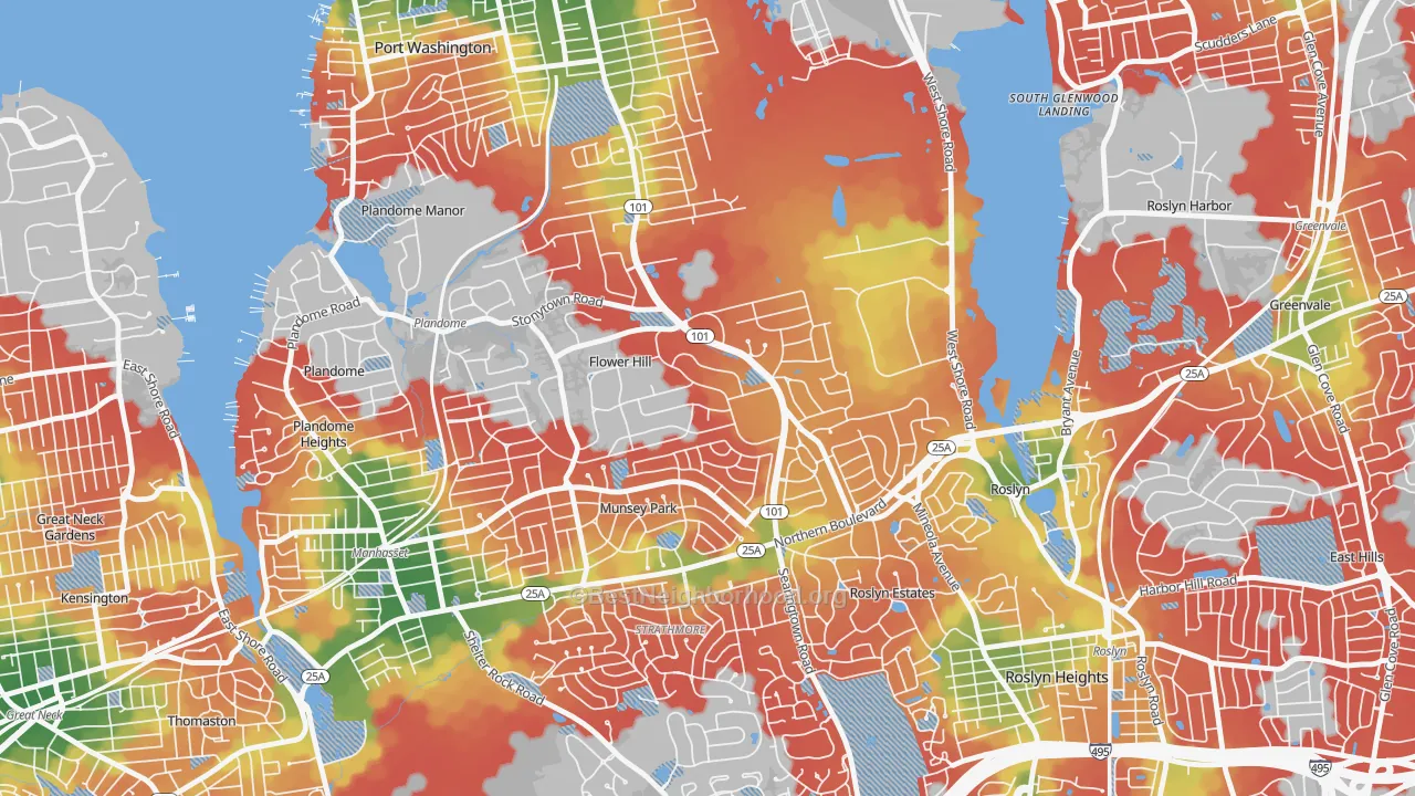 Walk Grade map of Flower Hill, NY, walkable areas in green and car-dependent areas in red