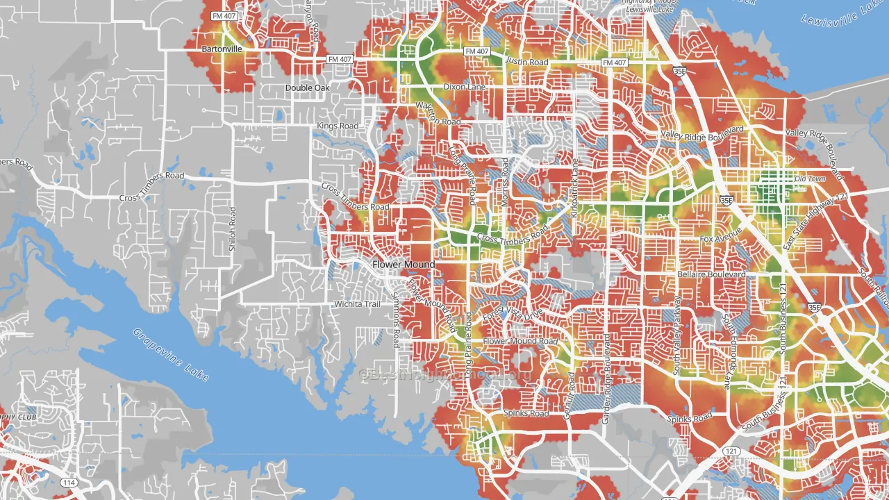 Walk Grade map of Flower Mound, TX, walkable areas in green and car-dependent areas in red