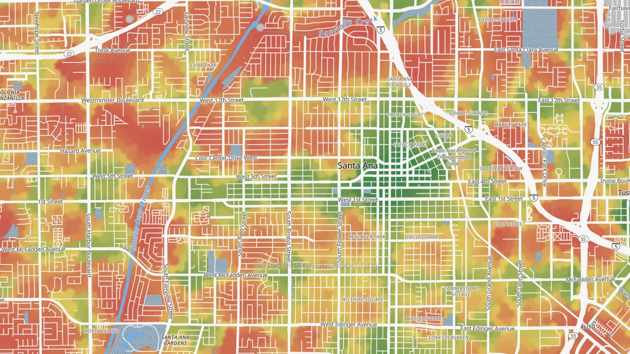 Walk Grade map of Flower Park, Santa Ana, CA, walkable areas in green and car-dependent areas in red