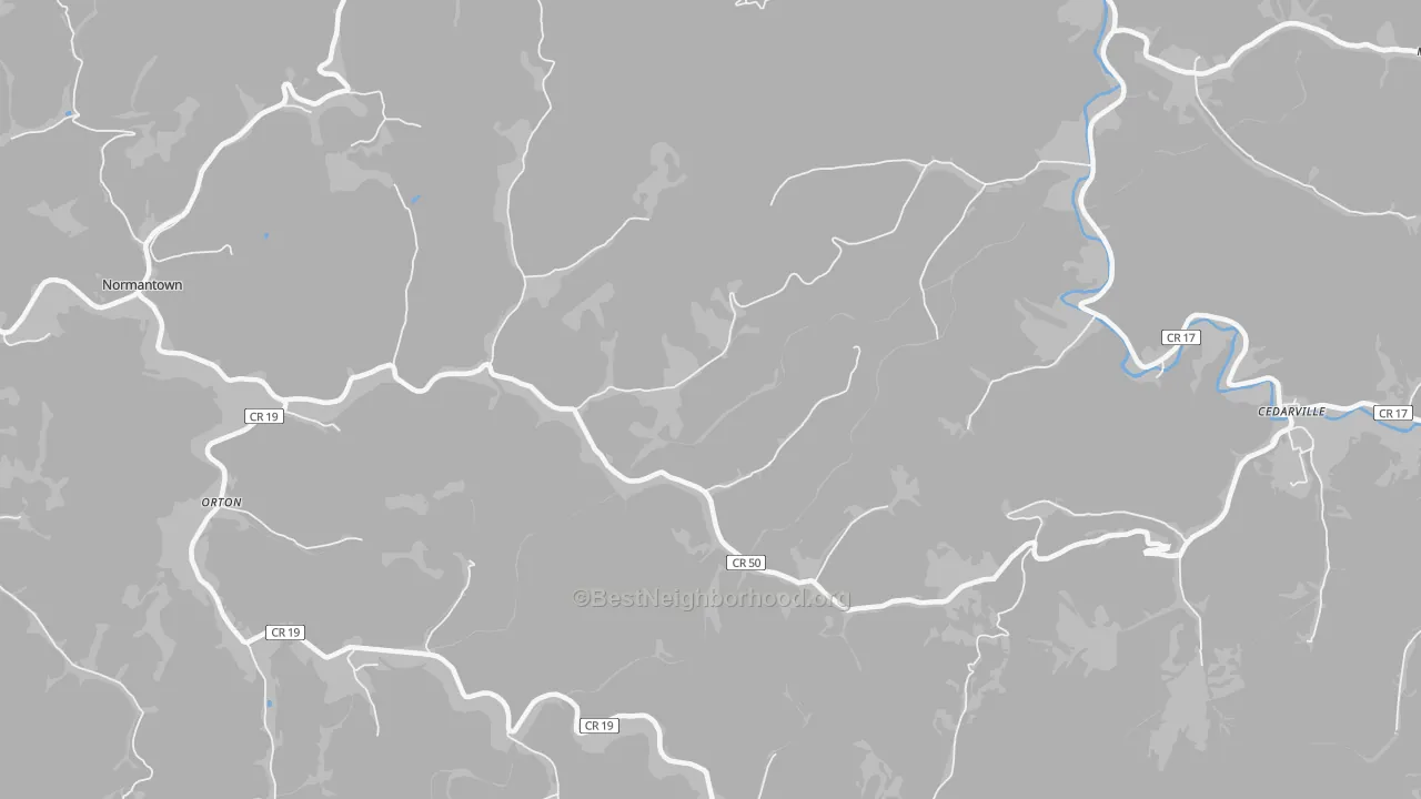 Walk Grade map of Flower, WV, walkable areas in green and car-dependent areas in red