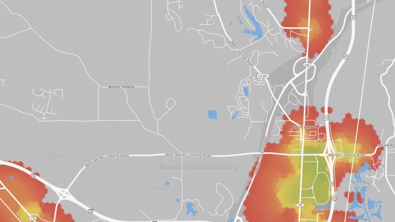 Walk Grade map of Flowerdale, MS, walkable areas in green and car-dependent areas in red