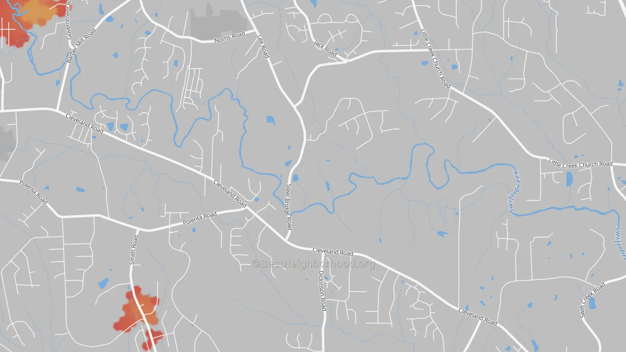 Walk Grade map of Flowers, NC, walkable areas in green and car-dependent areas in red