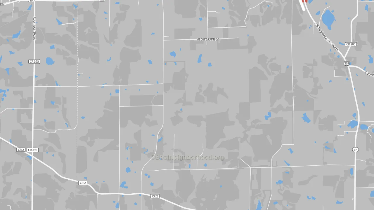 Walk Grade map of Flowersville, FL, walkable areas in green and car-dependent areas in red