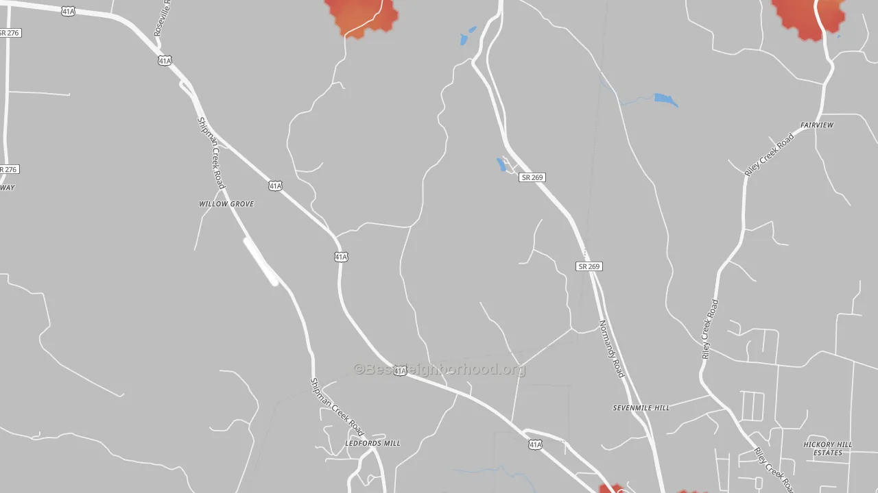 Walk Grade map of Flowertown, TN, walkable areas in green and car-dependent areas in red