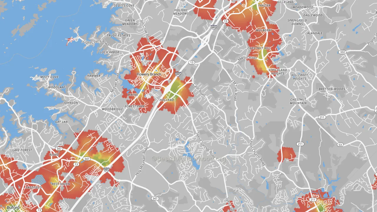 Walk Grade map of Flowery Branch, GA, walkable areas in green and car-dependent areas in red