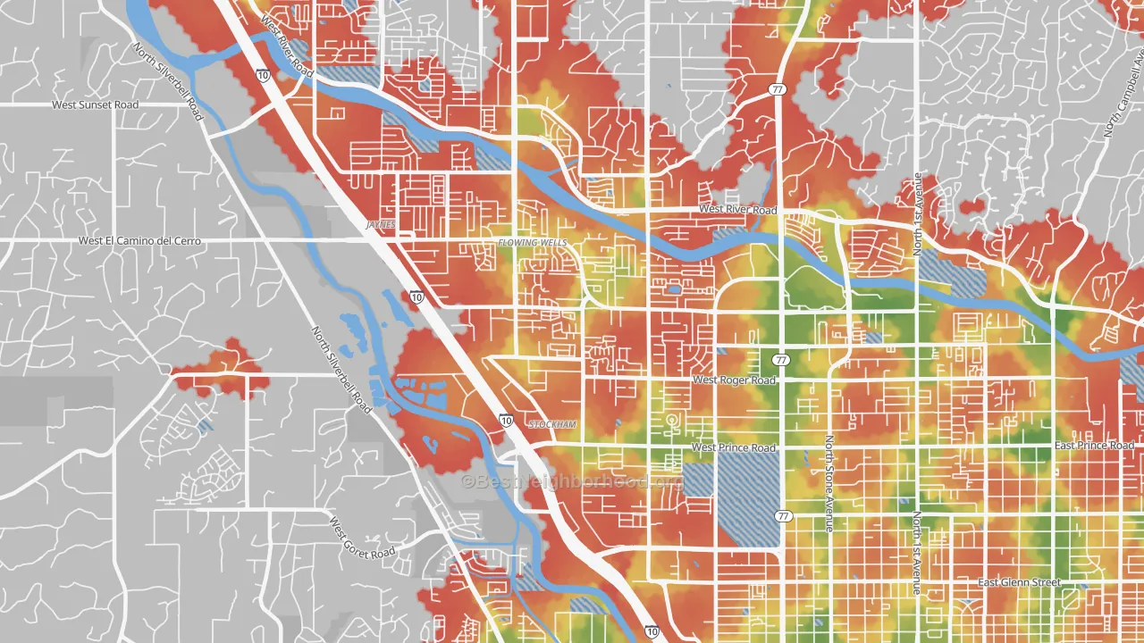 Walk Grade map of Flowing Wells, AZ, walkable areas in green and car-dependent areas in red