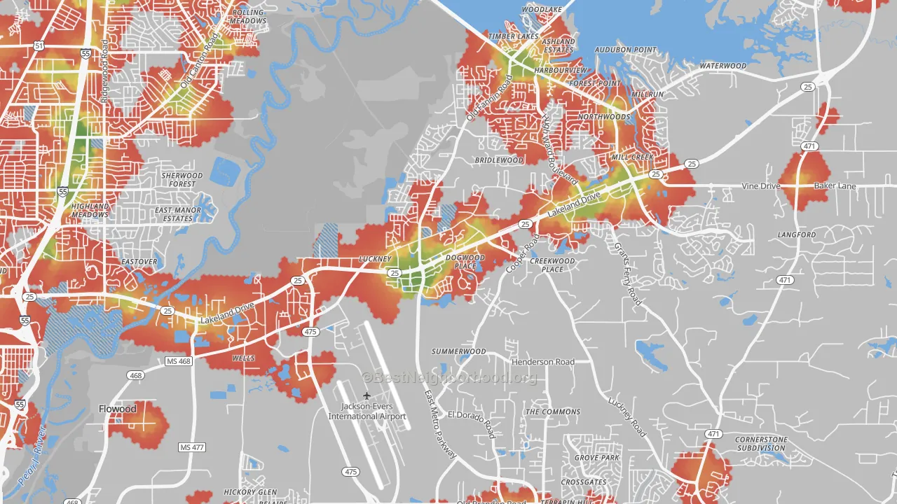 Walk Grade map of Flowood, MS, walkable areas in green and car-dependent areas in red