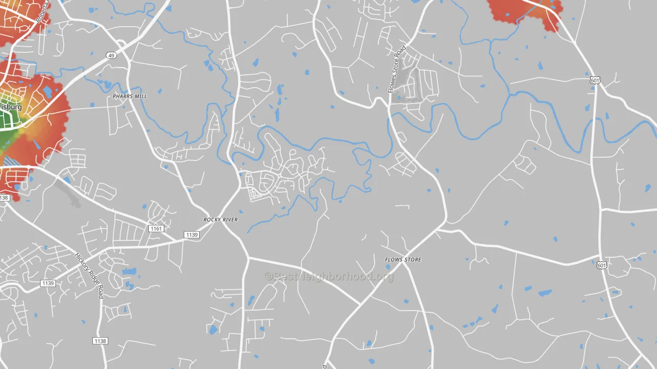 Walk Grade map of Flows Store, NC, walkable areas in green and car-dependent areas in red