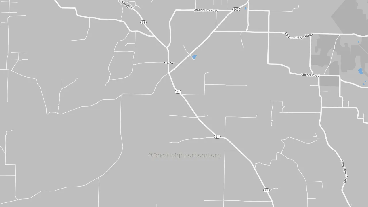 Walk Grade map of Floyd, AR, walkable areas in green and car-dependent areas in red
