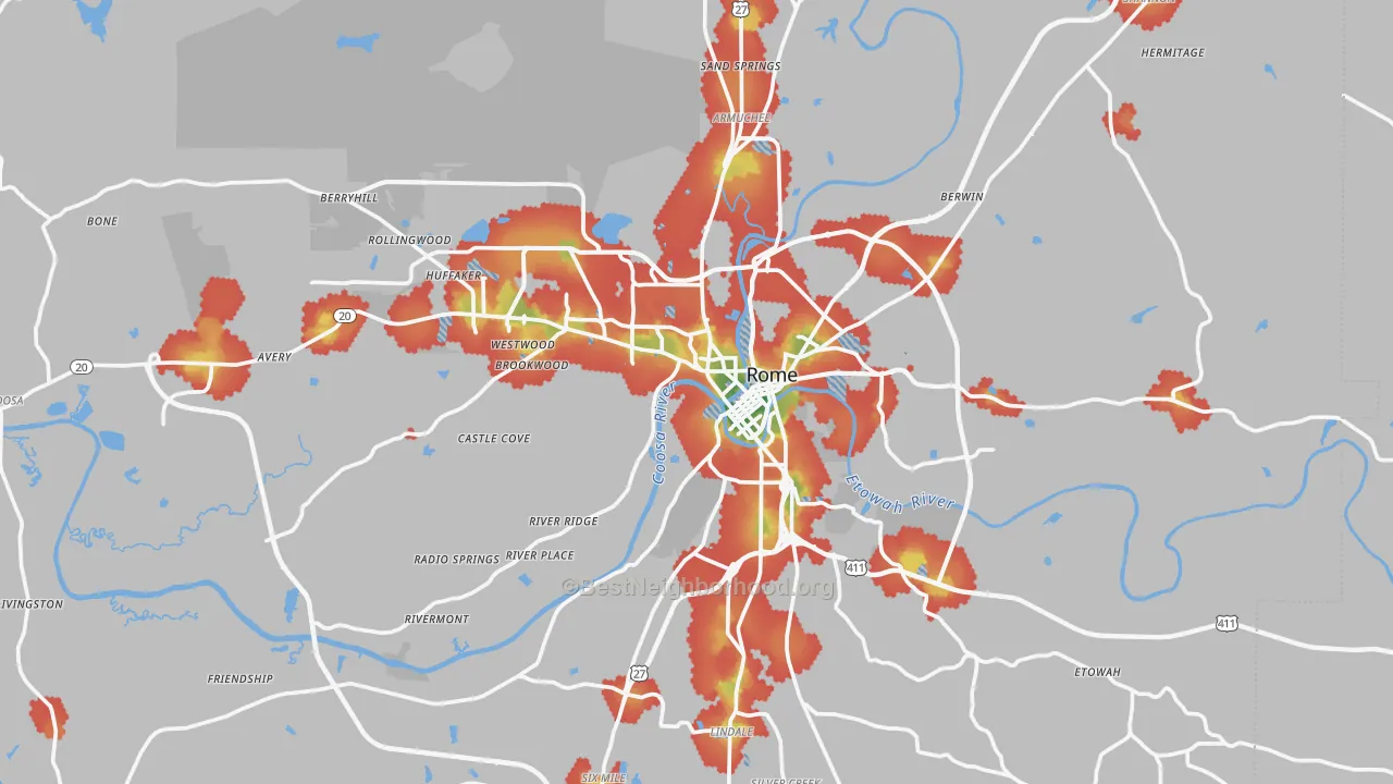 Walk Grade map of Floyd County, GA, walkable areas in green and car-dependent areas in red