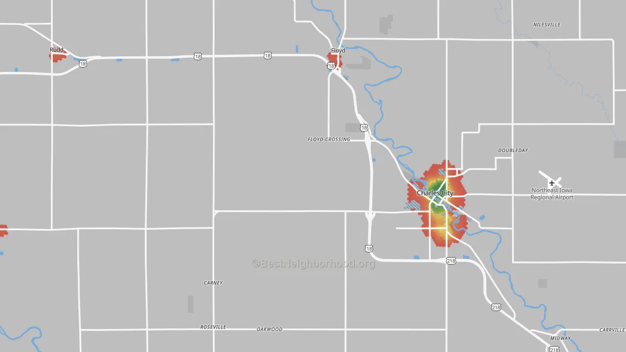 Walk Grade map of Floyd County, IA, walkable areas in green and car-dependent areas in red
