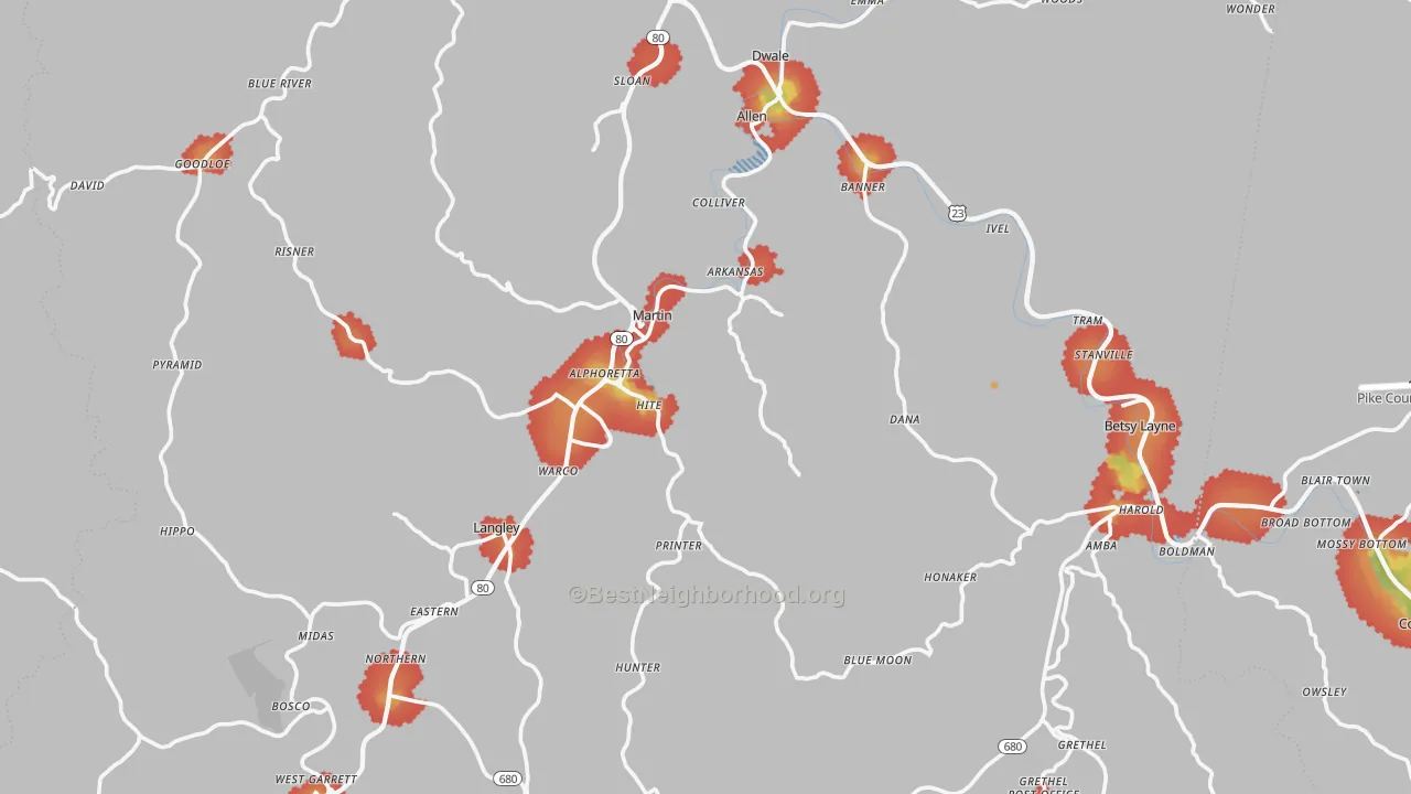 Walk Grade map of Floyd County, KY, walkable areas in green and car-dependent areas in red