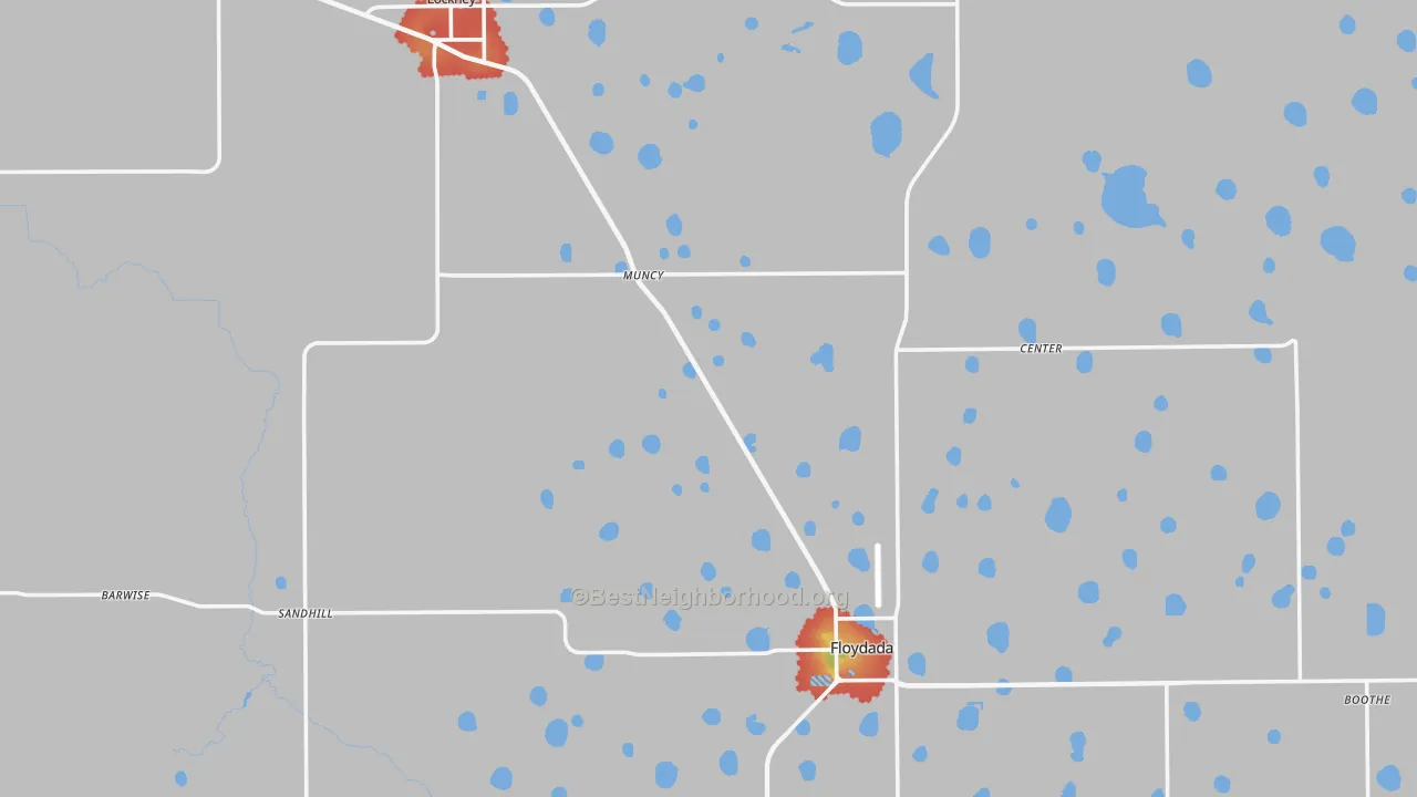 Walk Grade map of Floyd County, TX, walkable areas in green and car-dependent areas in red