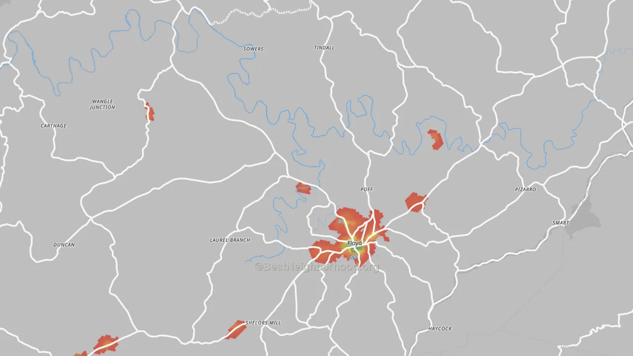 Walk Grade map of Floyd County, VA, walkable areas in green and car-dependent areas in red