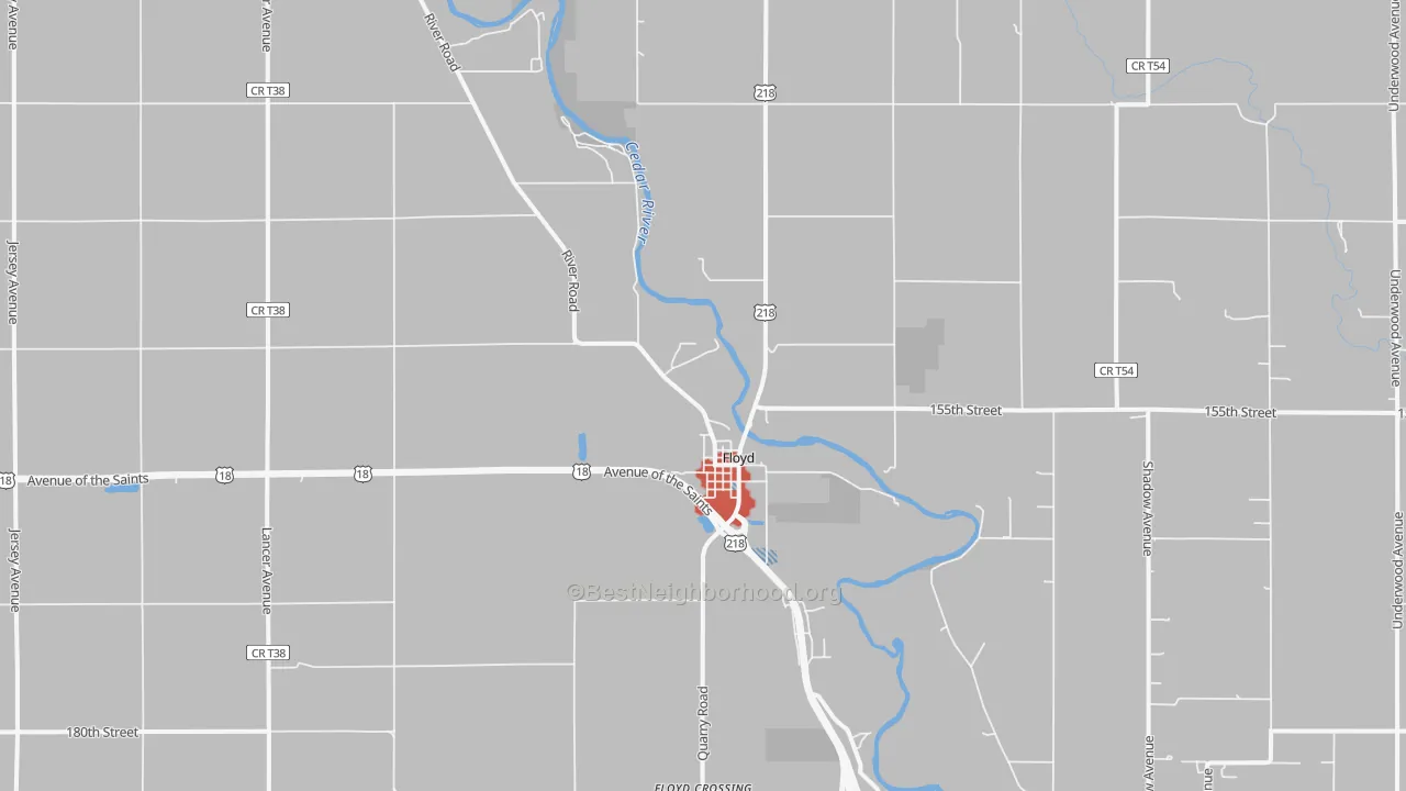 Walk Grade map of Floyd, IA, walkable areas in green and car-dependent areas in red