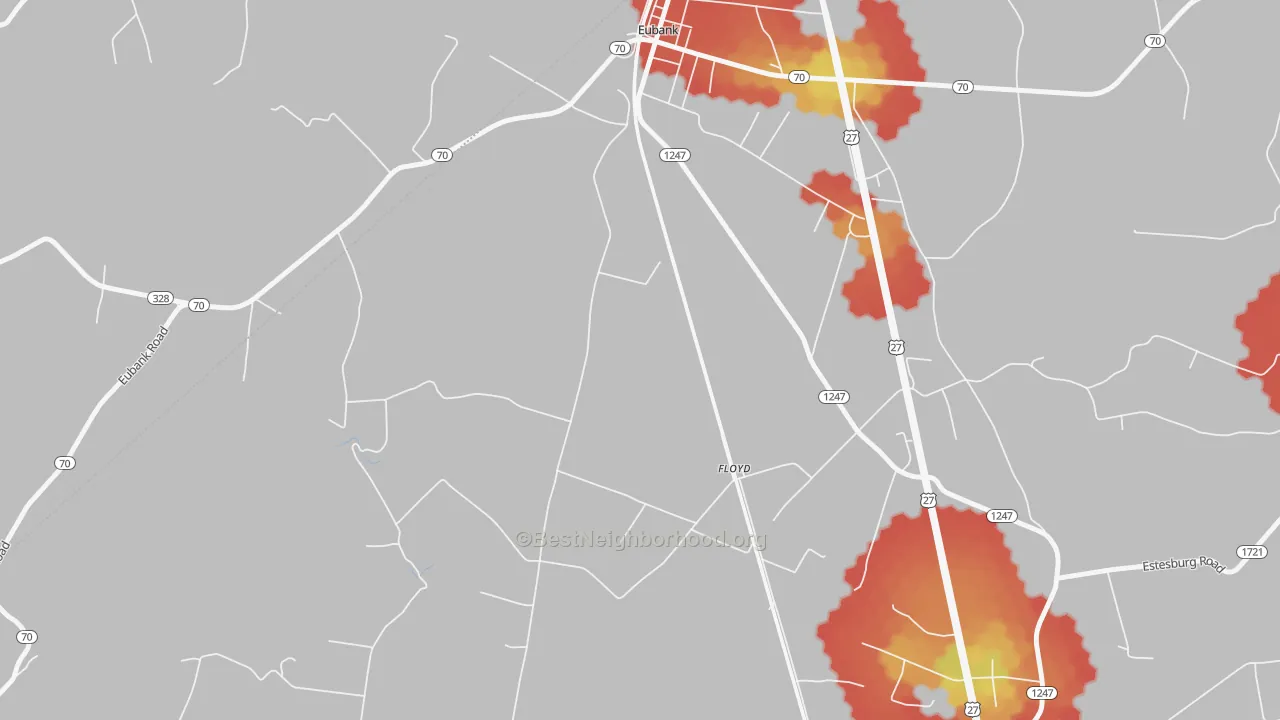 Walk Grade map of Floyd, KY, walkable areas in green and car-dependent areas in red