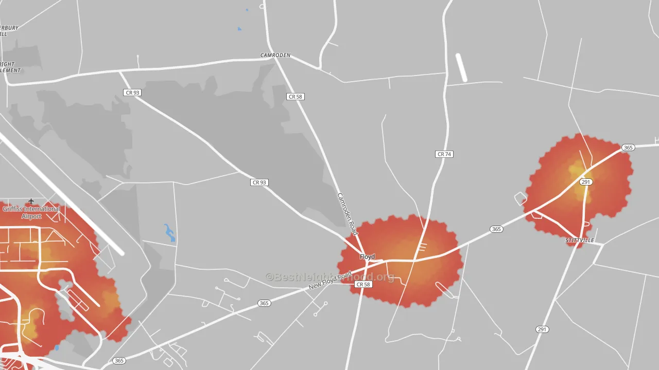 Walk Grade map of Floyd, NY, walkable areas in green and car-dependent areas in red