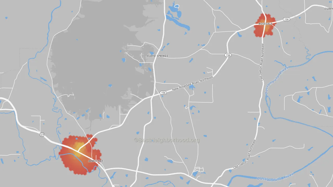 Walk Grade map of Floyd Springs, GA, walkable areas in green and car-dependent areas in red