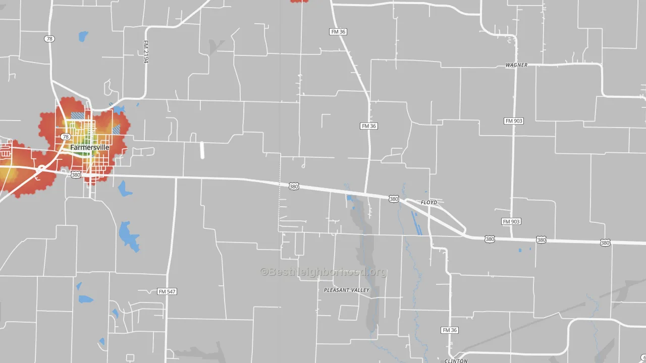 Walk Grade map of Floyd, TX, walkable areas in green and car-dependent areas in red