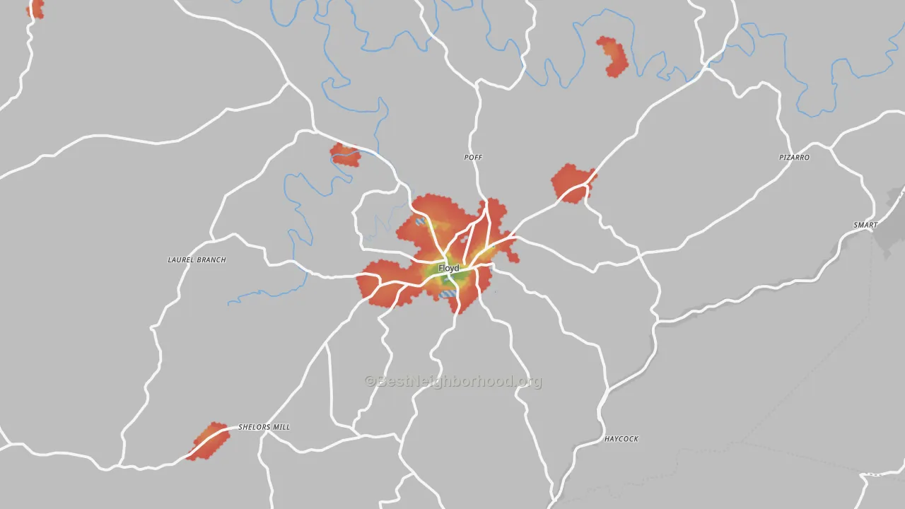 Walk Grade map of Floyd, VA, walkable areas in green and car-dependent areas in red