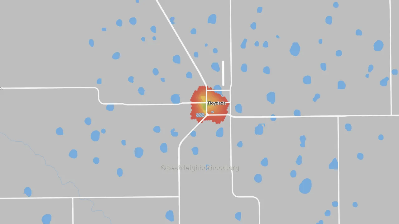 Walk Grade map of Floydada, TX, walkable areas in green and car-dependent areas in red