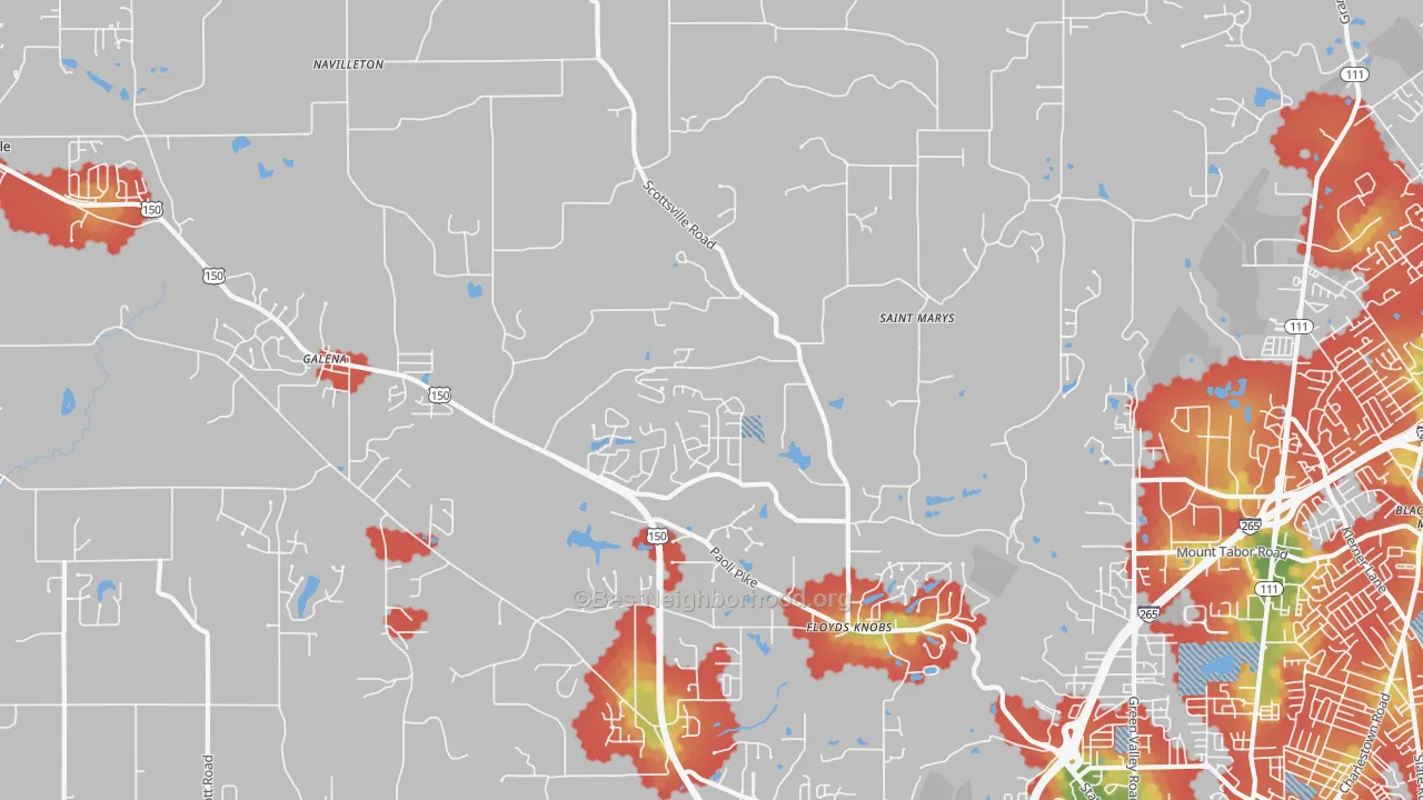 Walk Grade map of Floyds Knobs, IN, walkable areas in green and car-dependent areas in red