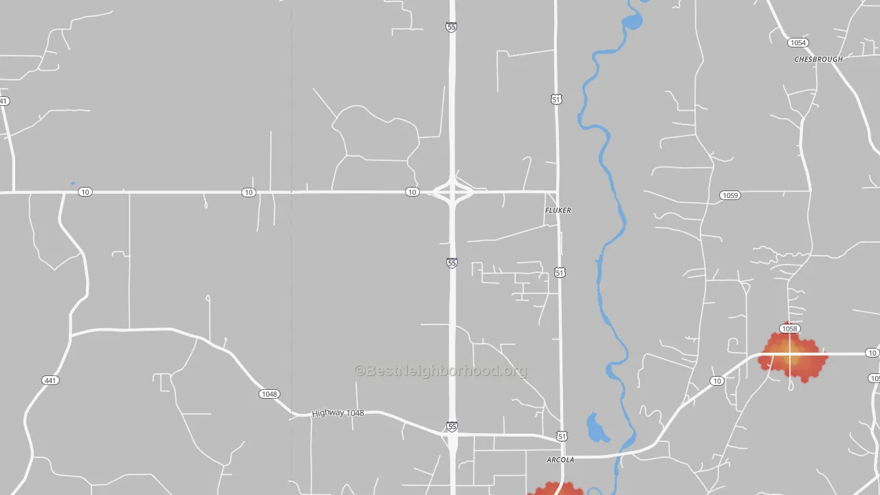 Walk Grade map of Fluker, LA, walkable areas in green and car-dependent areas in red