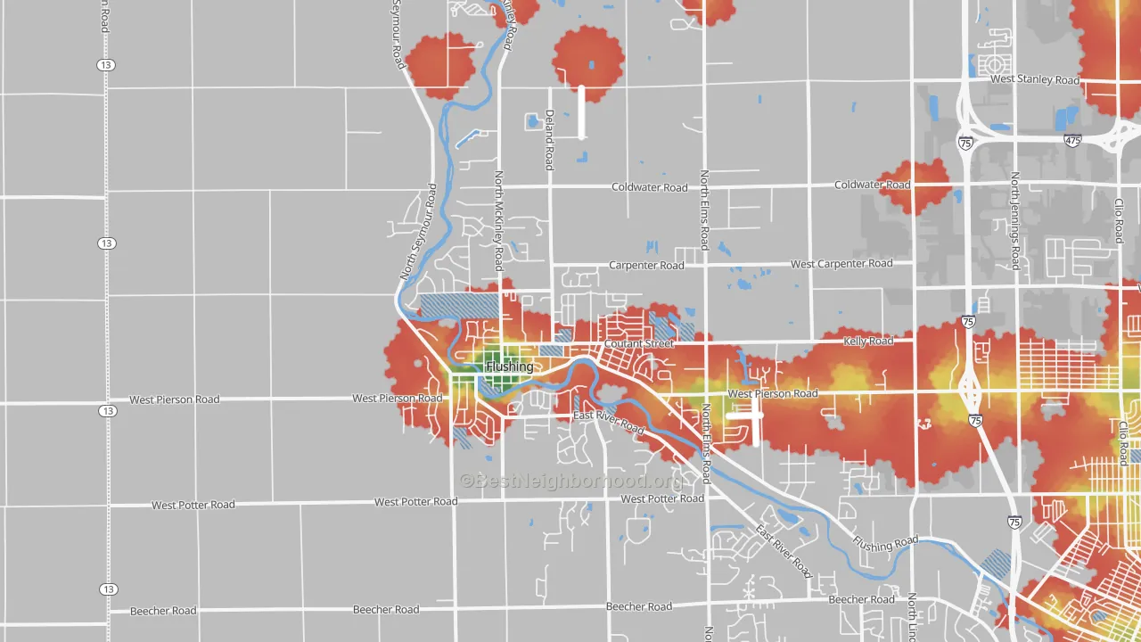 Walk Grade map of Flushing, MI, walkable areas in green and car-dependent areas in red